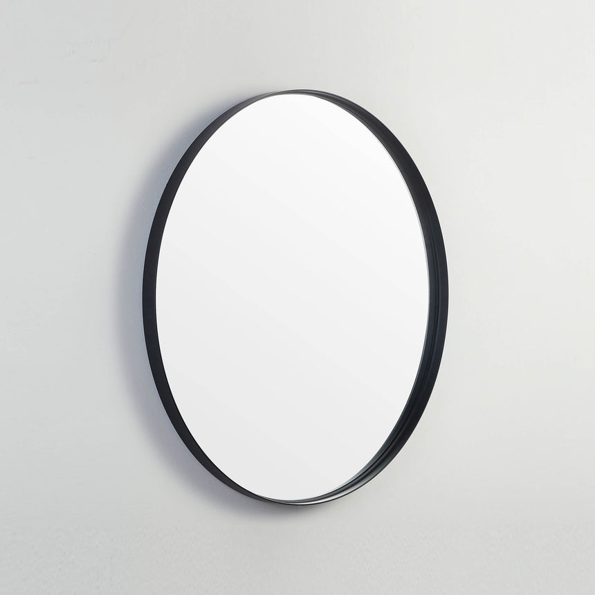Lukka 900x900mm oval matte black framed bathroom mirror by Tilemall, wall-mounted installation