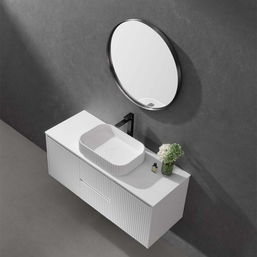 Orbis matte black Lukka framed mirror 900x900mm installed in modern bathroom interior above vanity by Tilemall