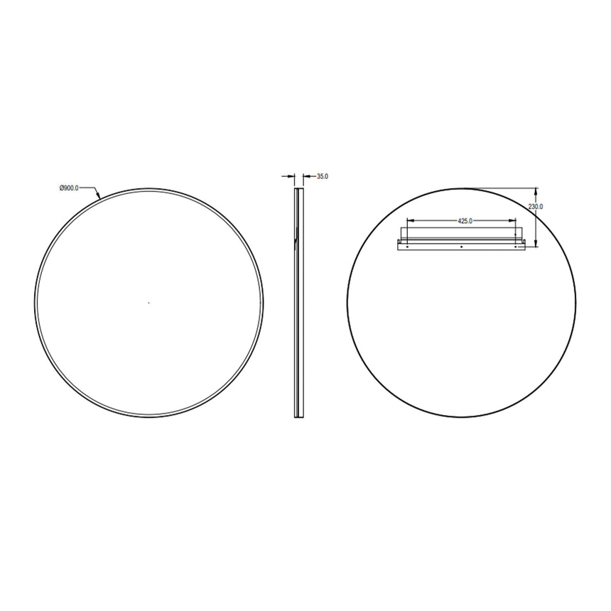 Technical dimensions diagram for Orbis 900mm round matte black Lukka framed mirror by Tilemall