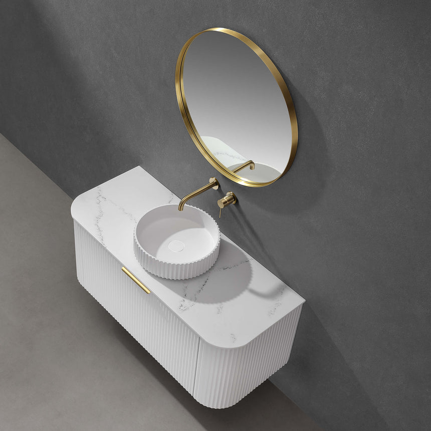 Orbis brushed gold Lukka framed mirror 800x800mm installed above white basin in modern bathroom ensuite by Tilemall