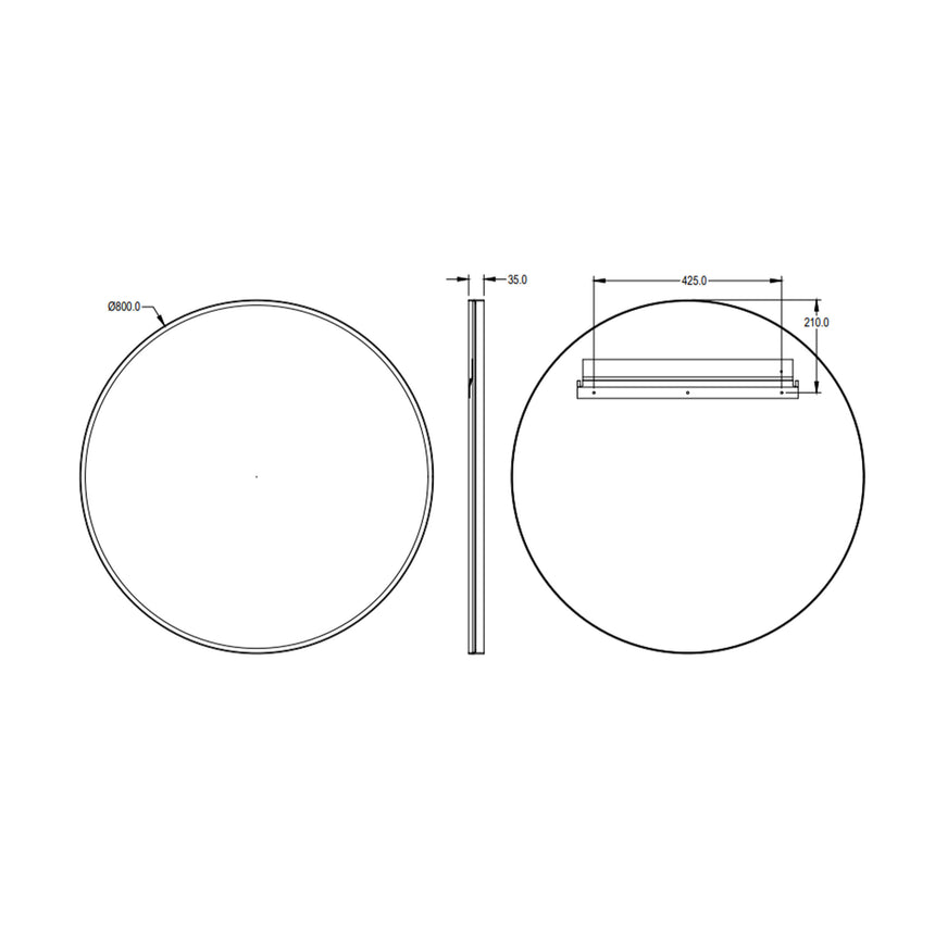 Technical dimensions diagram for Orbis 800mm round Lukka framed mirror, 35mm depth by Tilemall
