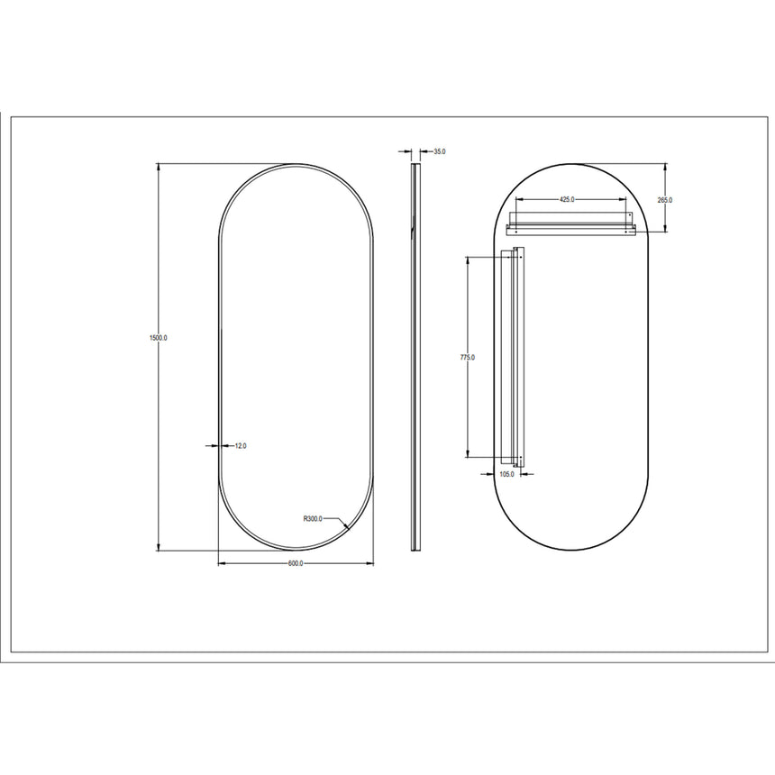 Technical dimensions diagram for Ellips 600x1500mm Lukka framed mirror by Tilemall
