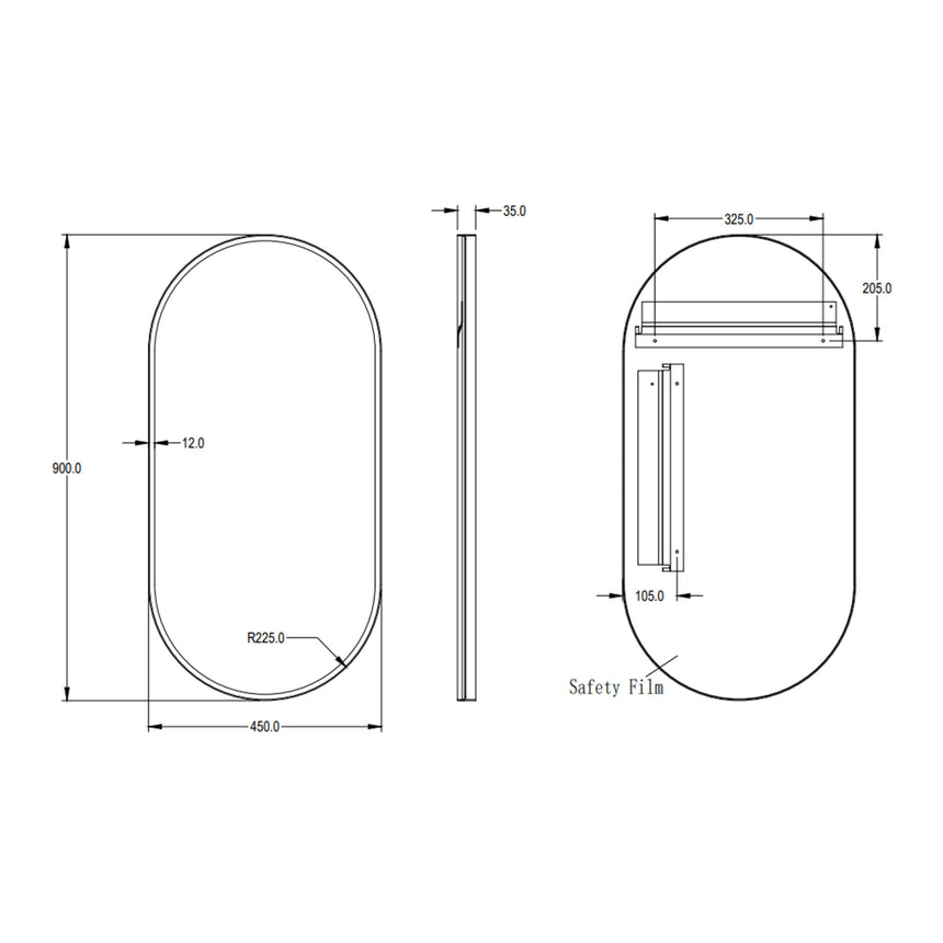 Technical dimensions diagram for Ellips 450x900mm Lukka framed mirror with 12mm frame depth and mounting details by Tilemall