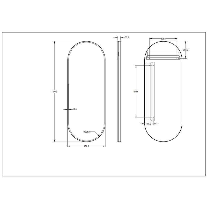 Technical dimensions diagram for Ellips LK 450x1200mm Lukka framed mirror by Tilemall