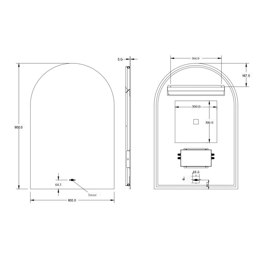 Lukka Back Lit LED Mirror technical dimensions diagram for Arco 600x900mm LED arch mirror by Tilemall