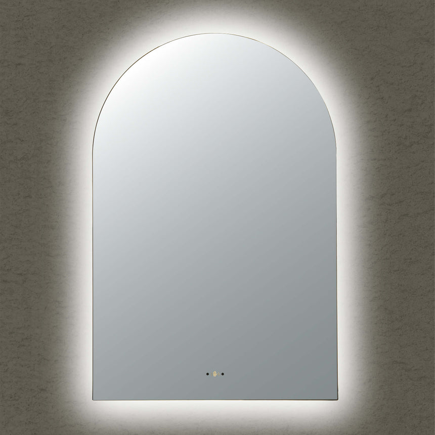 Lukka arco 600x900mm LED back-lit arch mirror by Tilemall, frameless with touch control buttons and soft lighting