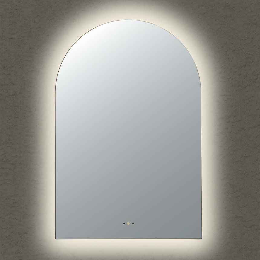 Lukka arco arch top LED back-lit mirror by Tilemall, 600x900mm frameless with perimeter illumination