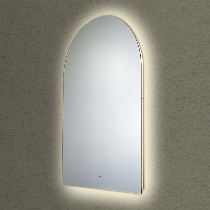 Lukka arco 600x900mm tall arch LED mirror by Tilemall, frameless pencil edge with back-lit glow
