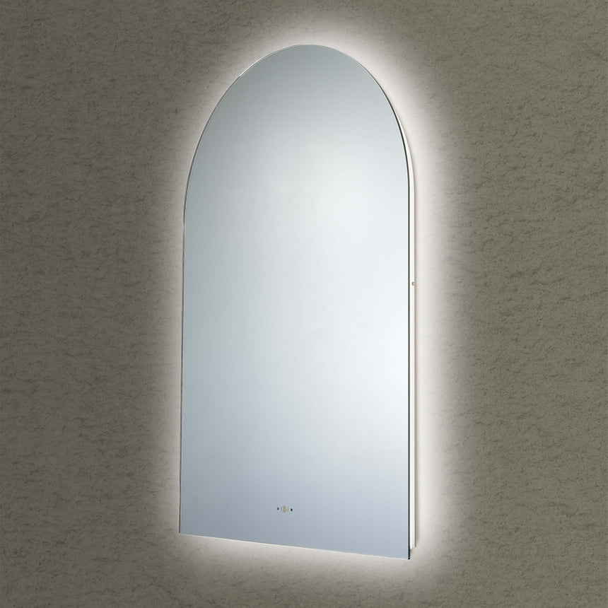 Lukka Back Lit LED Mirror arco vertical arch LED mirror by Tilemall, 600x900mm frameless with touch dimmer and warm LED strip