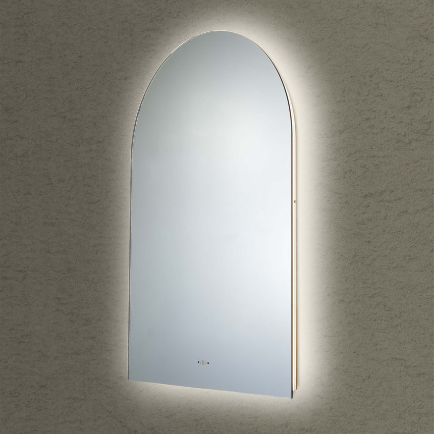 Lukka arco 600x900mm arch frameless LED mirror by Tilemall, back-lit with pencil edge detail