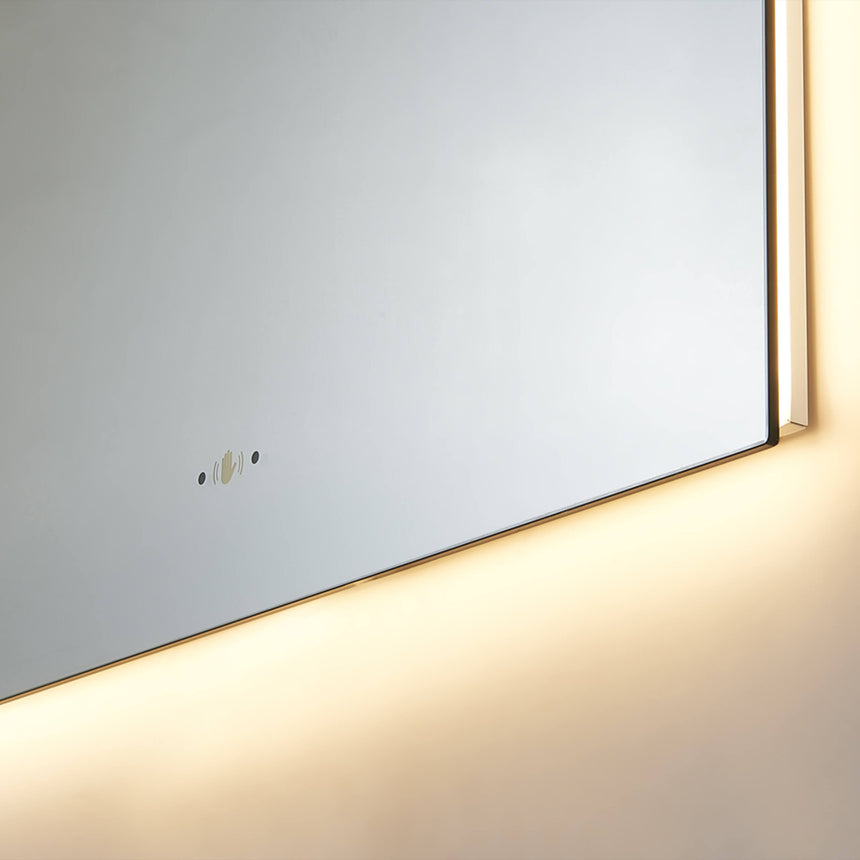 Lukka Back Lit LED Mirror 600x900mm close-up of Arco mirror touch control panel showing dimmer buttons and indicator lights by Tilemall