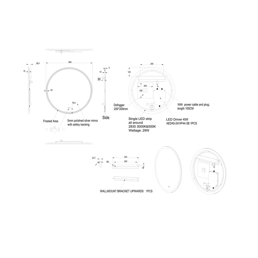 Lukka Back Lit LED Mirror technical dimensions diagram for Orbis 600mm LED mirror showing frosted area, 5mm polished by Tilemall