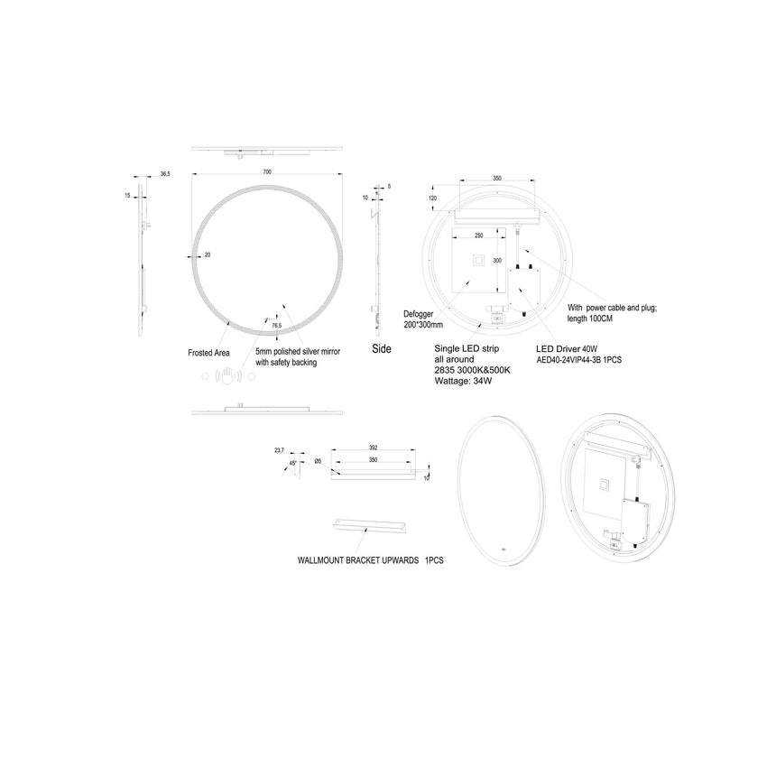 Lukka Back Lit LED Mirror technical dimensions diagram for Orbis 700mm LED mirror showing 5mm polished silver mirror by Tilemall