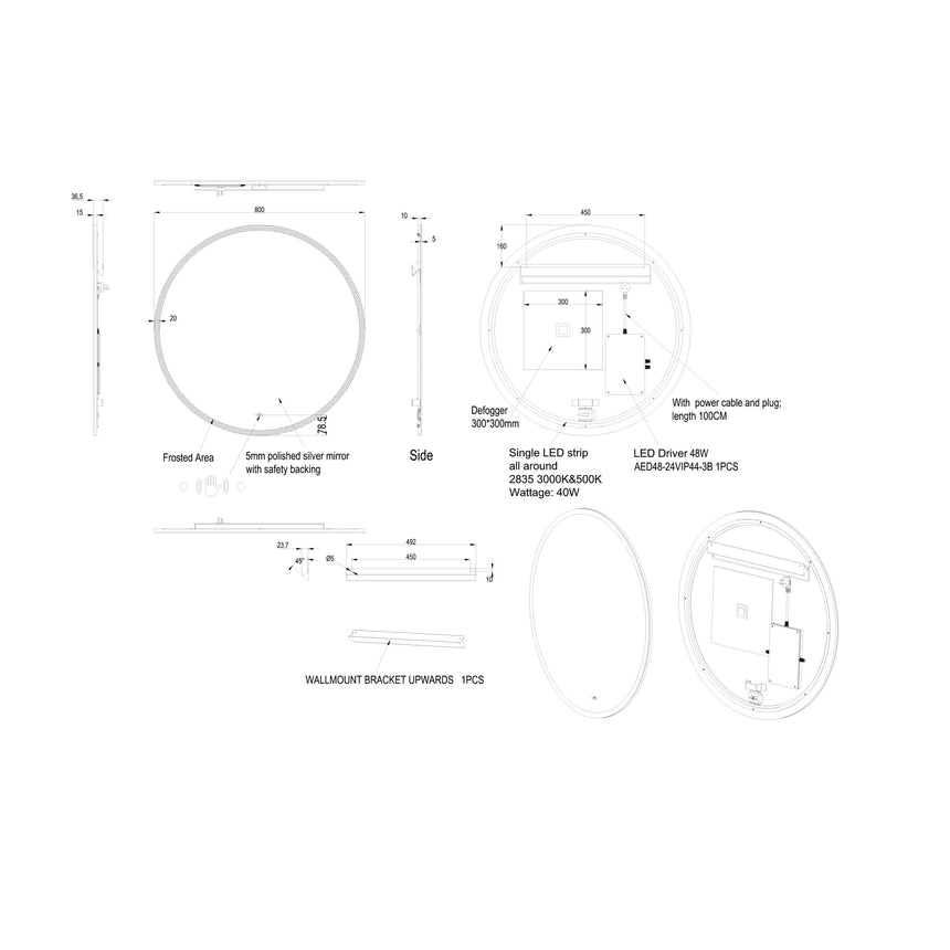 Lukka technical dimensions diagram for Orbis 800mm LED back-lit mirror showing 5mm polished silver mirror, frosted area by Tilemall