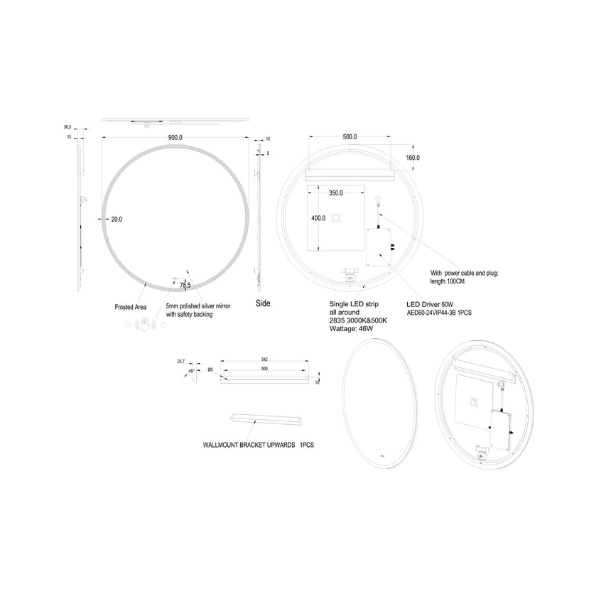 Technical dimensions diagram for Orbis 900mm LED mirror showing 5mm polished silver backing and single LED strip installation by Tilemall