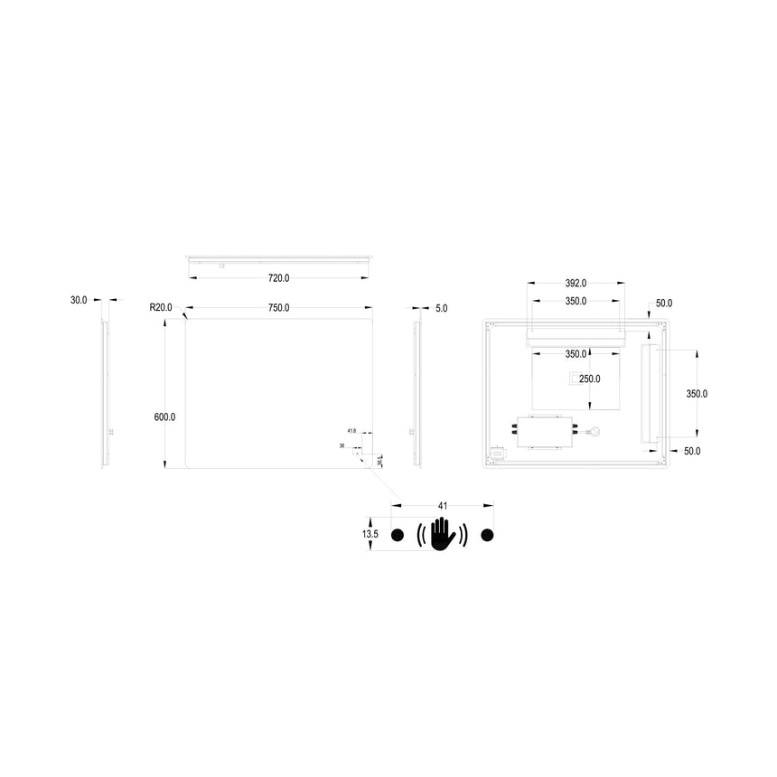 Lukka technical dimensions diagram for Recta 750x600mm LED back-lit mirror by Tilemall