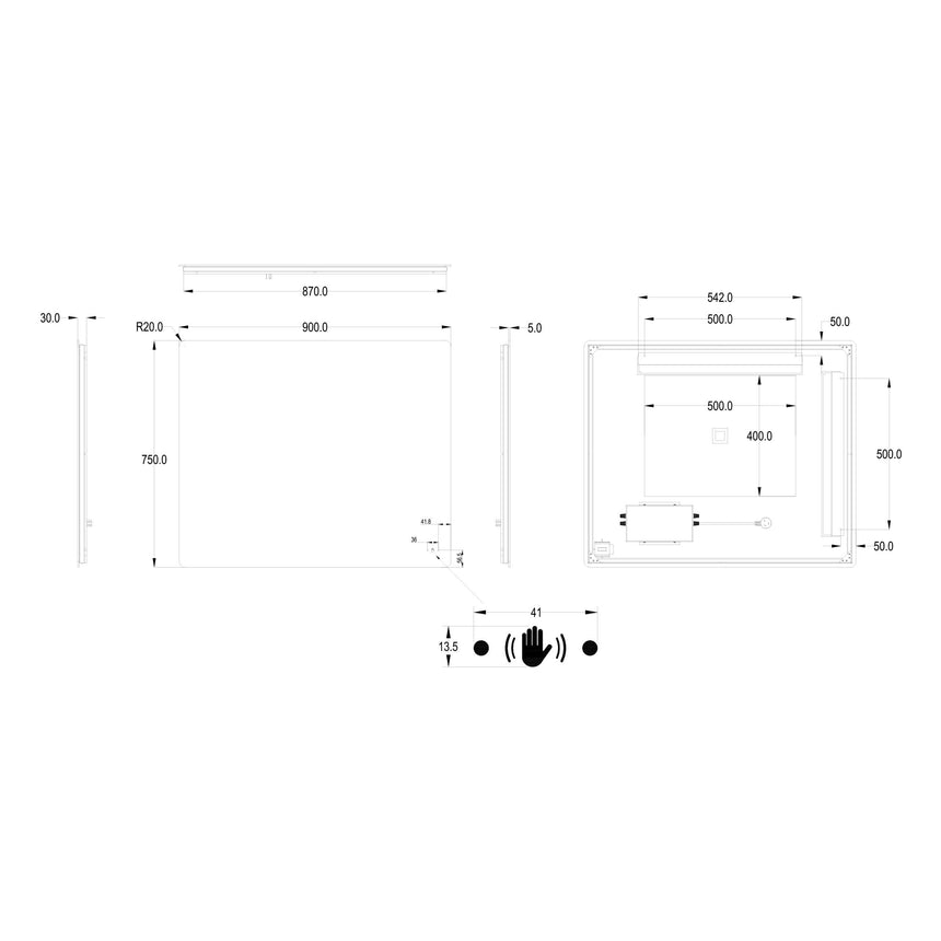 Lukka technical dimensions diagram for Recta 900x750mm LED back-lit mirror by Tilemall