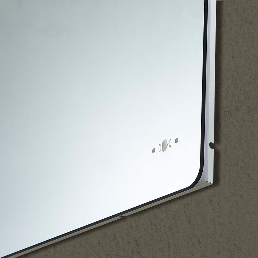 Lukka Back Lit LED Mirror 900x750mm close-up of Recta mirror pencil edge and touch sensor controls by Tilemall