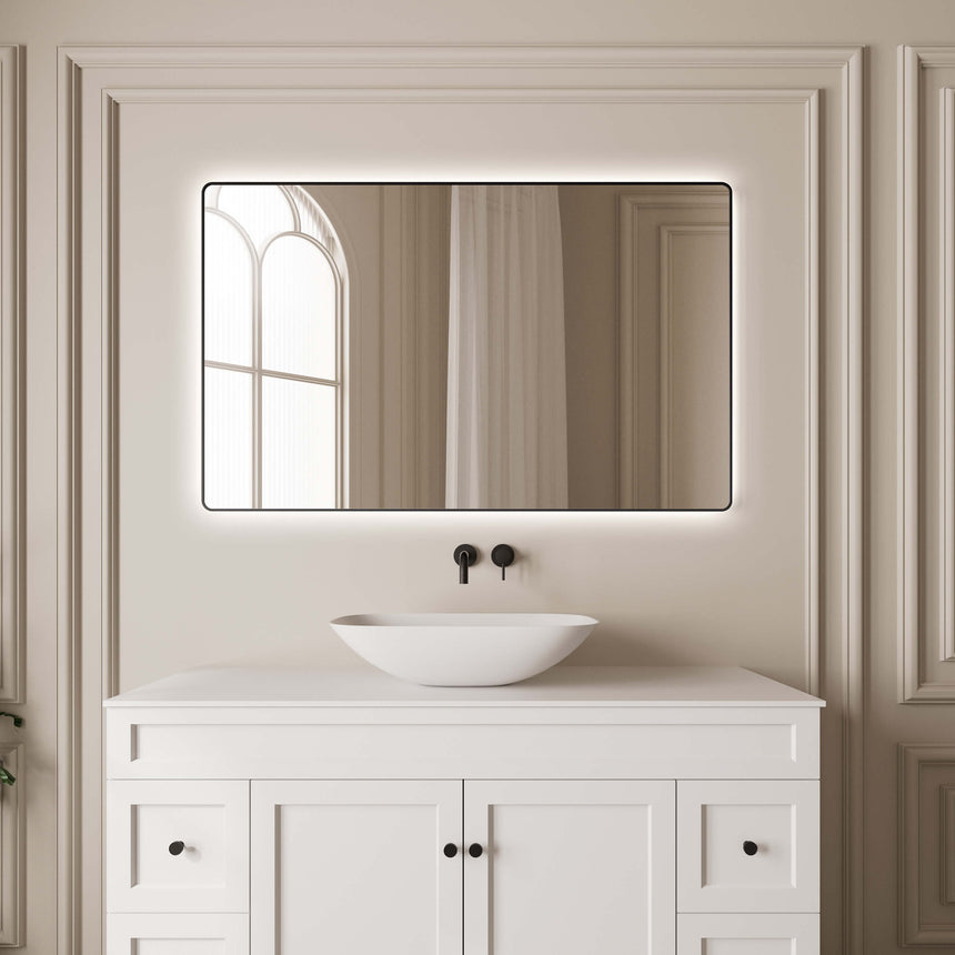 Lukka Back Lit LED Mirror recta 1200x800mm LED mirror mounted above white vanity in modern ensuite by Tilemall