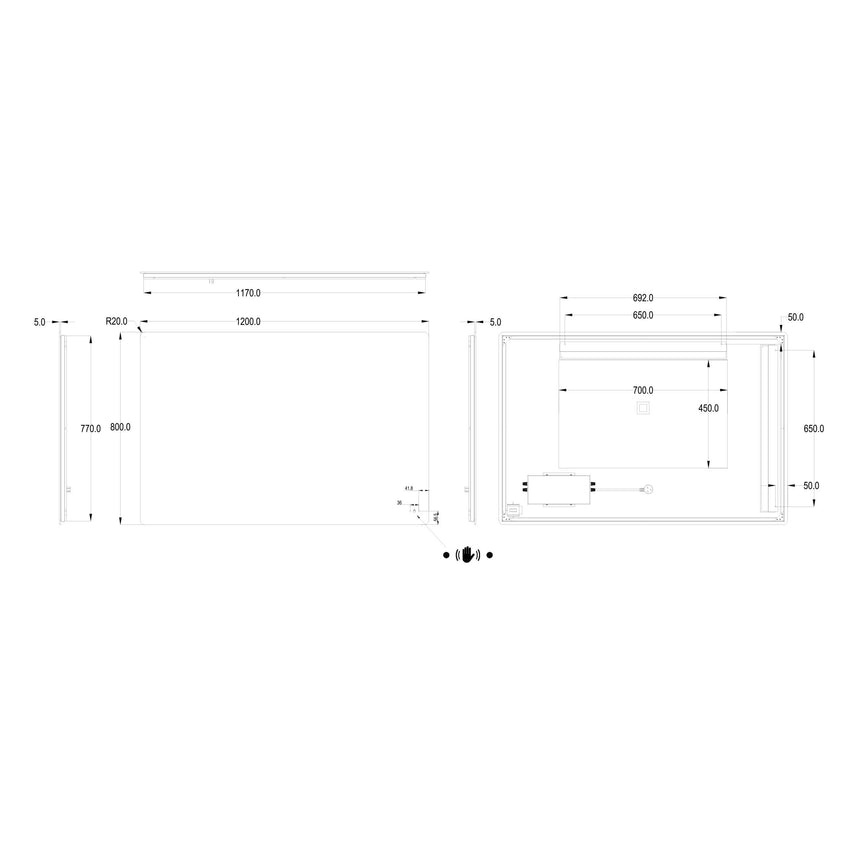 Lukka technical dimensions diagram for Recta 1200x800mm LED back-lit mirror by Tilemall