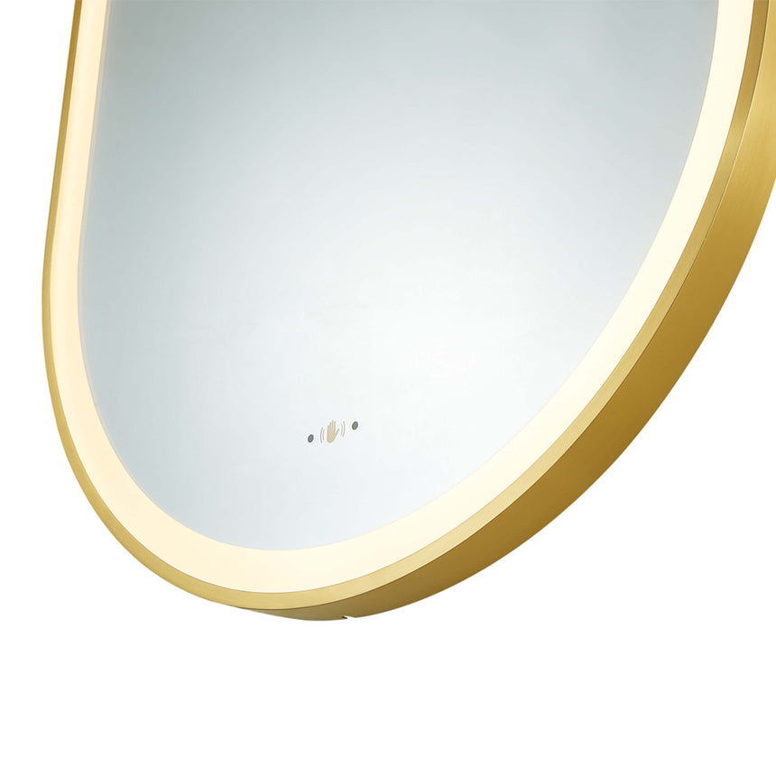 Lukka Framed LED Mirror 450x900mm close-up of oval LED mirror bottom showing brushed gold frame and warm white LED edge by Tilemall