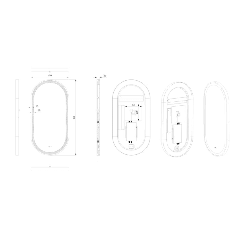 Lukka technical dimensions diagram for Ellips 450x900mm LED framed mirror by Tilemall