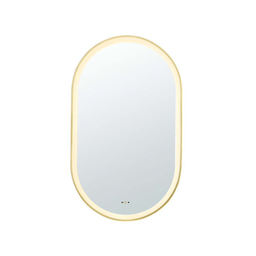 Lukka oval 450x900mm LED framed bathroom mirror by Tilemall in brushed gold with warm LED glow