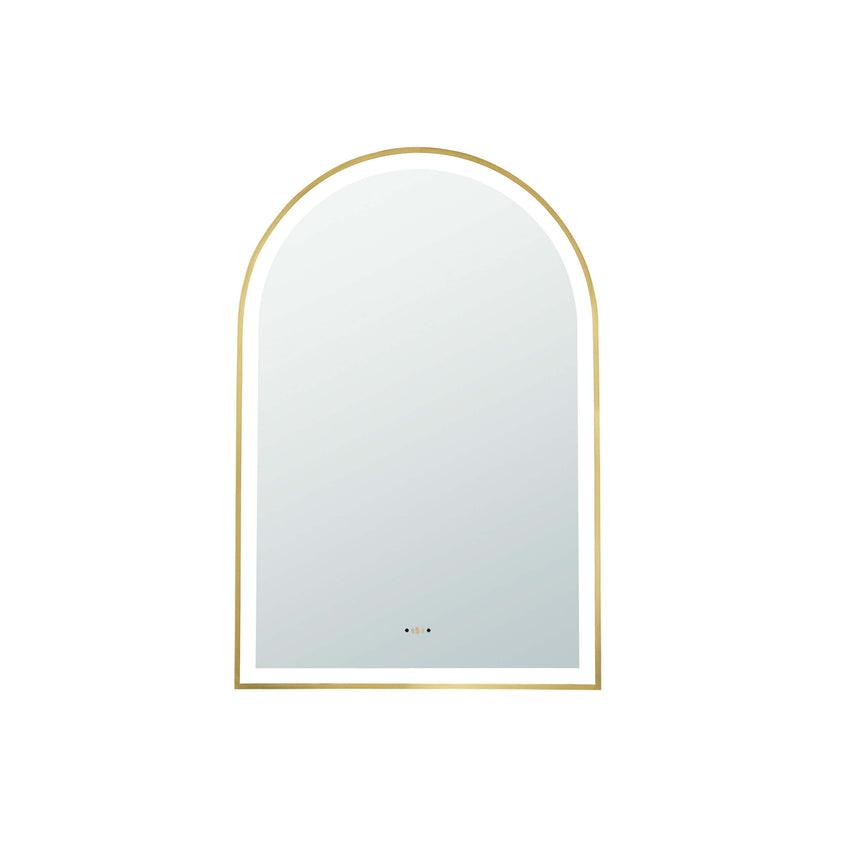 Lukka arco 600x900mm LED framed mirror by Tilemall with brushed gold frame and touch controls