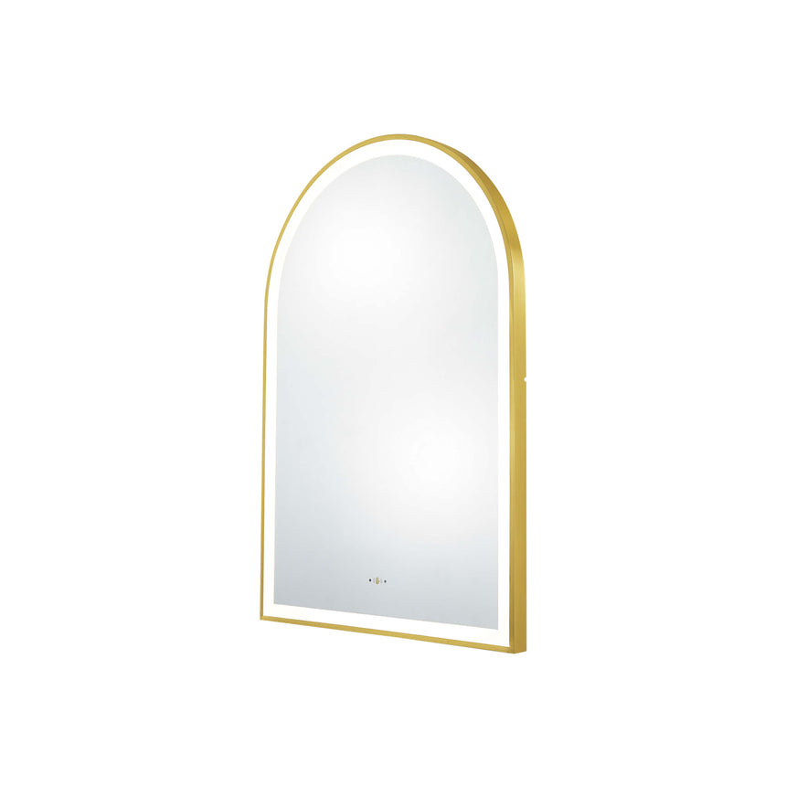 Arco brushed gold Lukka framed LED mirror 600x900mm by Tilemall, angled view showing frame depth