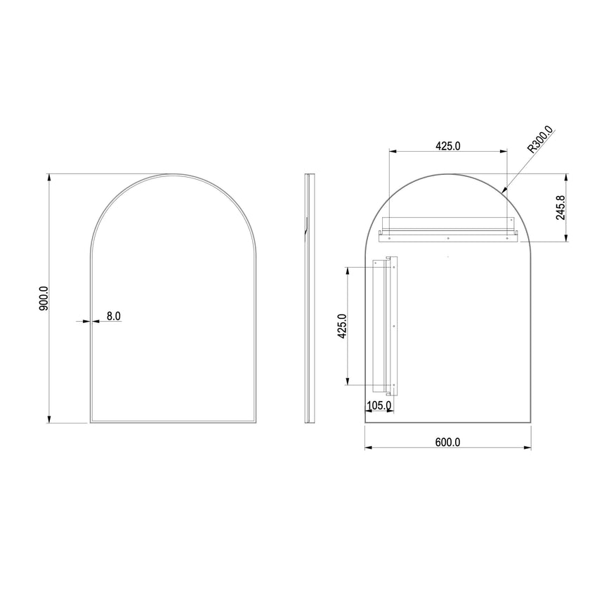 Lukka technical dimensions diagram for Arco 600x900mm LED framed mirror by Tilemall