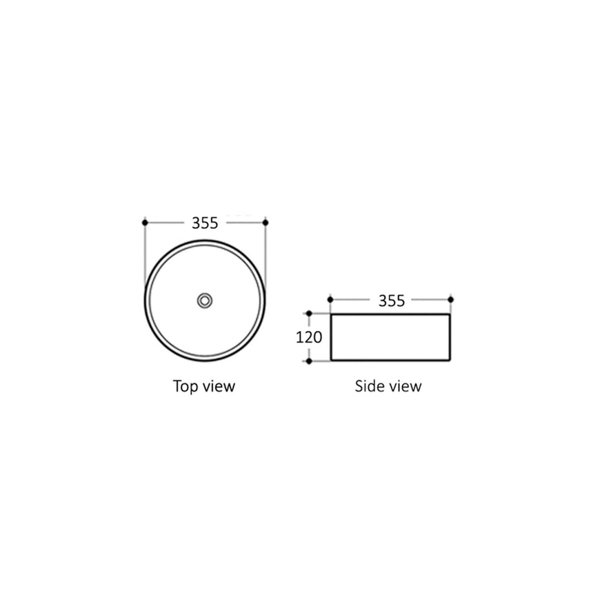 Technical dimensions diagram for Otti Artis 355mm round basin, top and side view by Tilemall