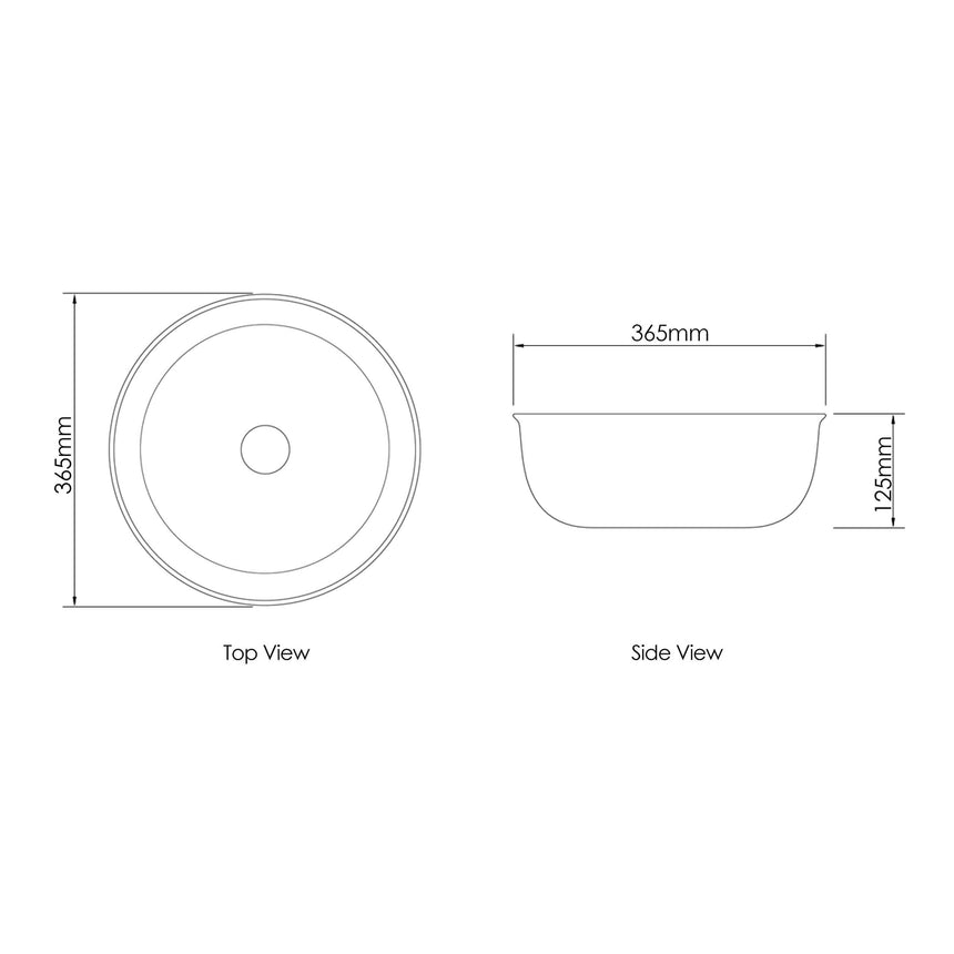 Technical dimensions diagram for Otti Bronte 360mm round basin, top and side view by Tilemall