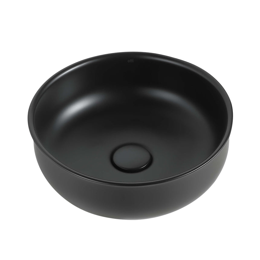 Otti Bronte round above-counter ceramic basin by Tilemall, matte black 365mm, single tap hole