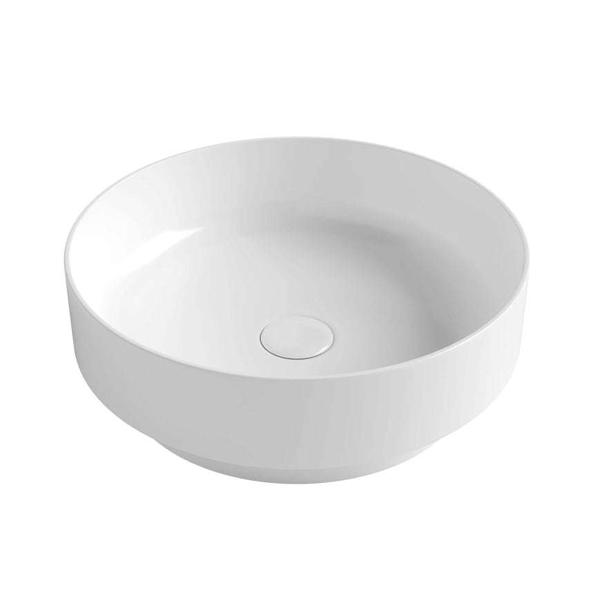 Otti Chloe round above-counter ceramic basin by Tilemall, gloss white 360mm, curved rim design