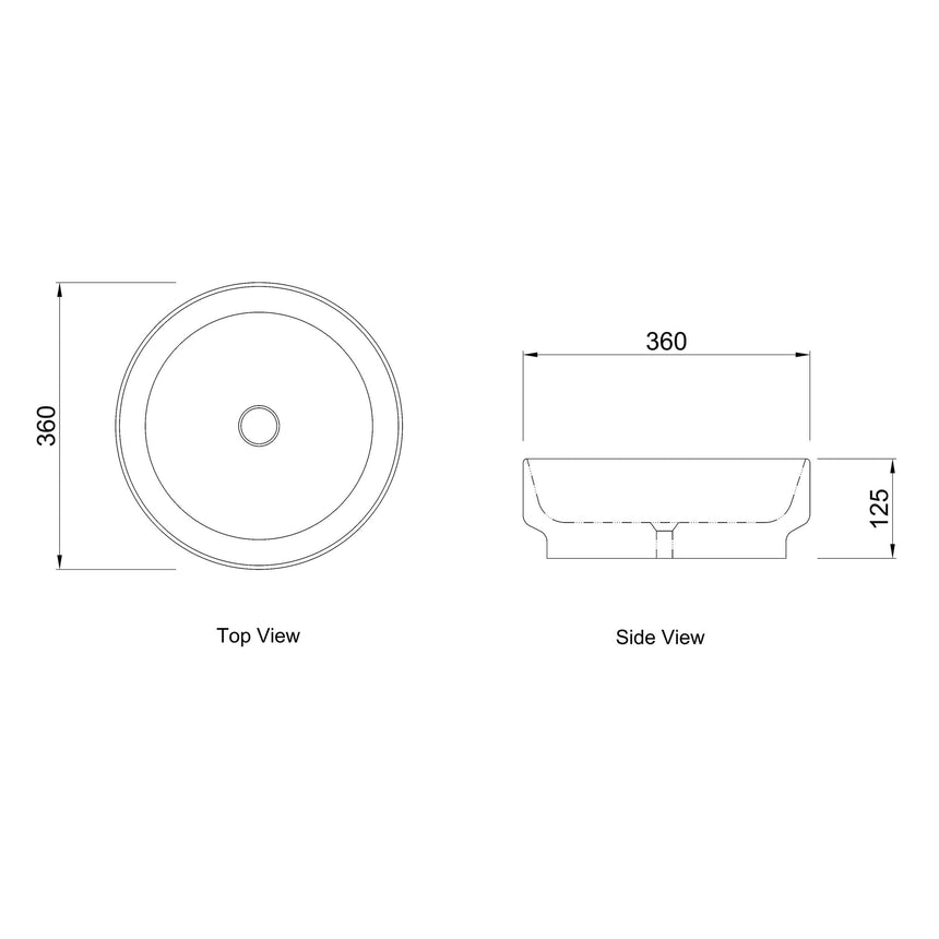Technical dimensions diagram for Otti Chloe 360mm round basin showing top and side views by Tilemall