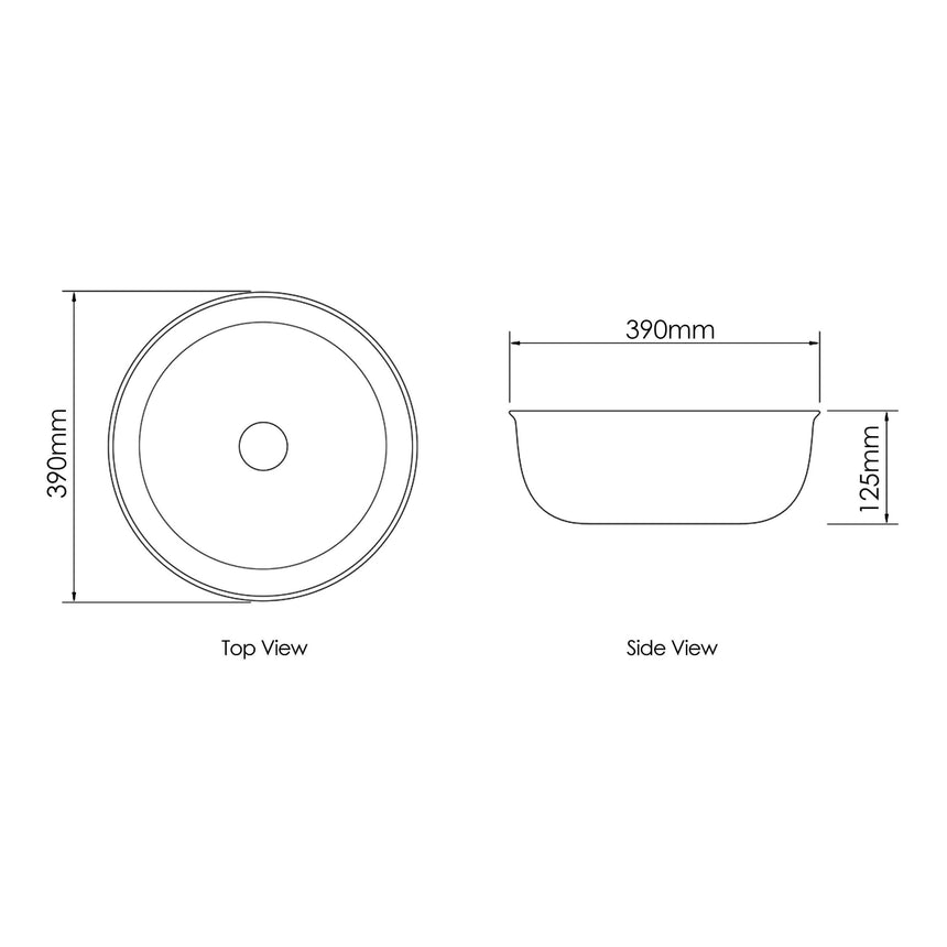 Technical dimensions diagram for Otti Bronte 390mm round basin, top and side views by Tilemall