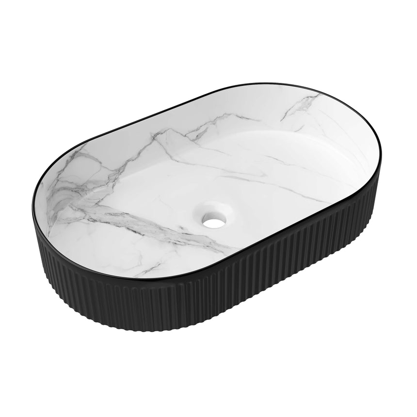 Otti Kensington oval above-counter basin by Tilemall, 560x350mm matte white Carrara with matte black ribbed exterior