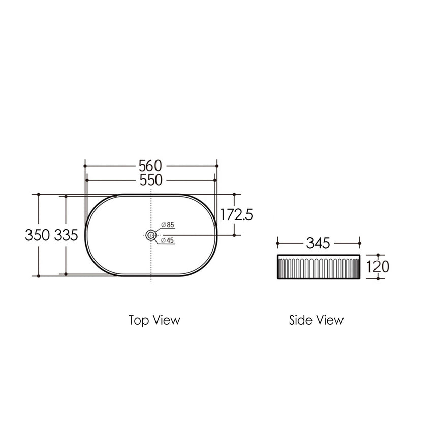 Technical dimensions diagram for Otti Kensington 560x350mm above-counter basin with tap hole specifications by Tilemall