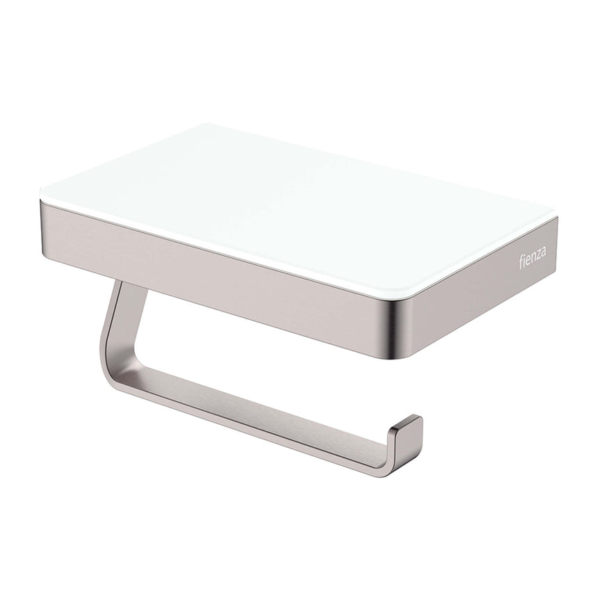 Tono Toilet Roll Holder With Glass Shelf Sus305 Brushed Nickel/White Bathroom Accessories Fienza Default Title