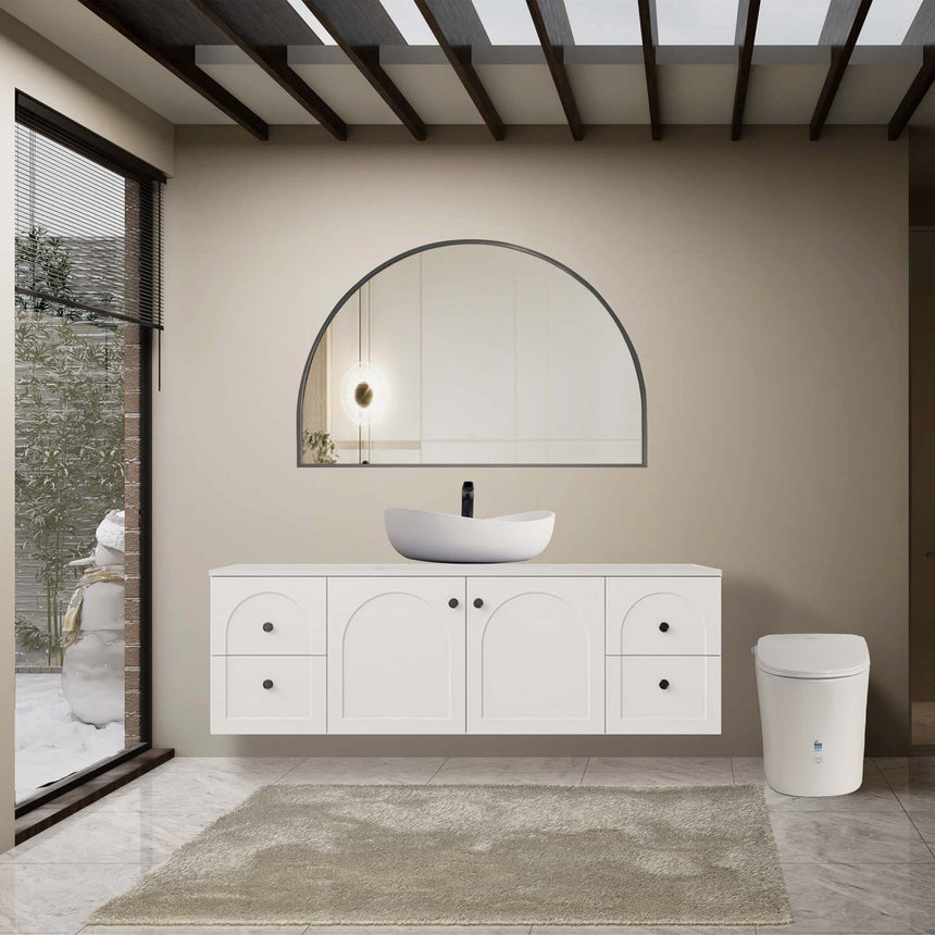Arco 1200x800mm gun metal Lukka framed mirror by Tilemall, semi-circular shape installed in modern bathroom interior above
