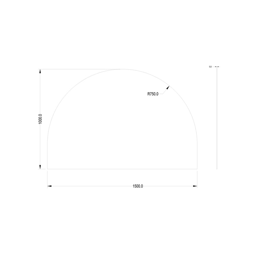 Technical dimensions diagram for Arco 1500x1000mm Lukka framed mirror, arch shape with 750mm radius by Tilemall