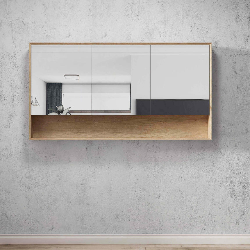 Otti Byron 1500mm natural oak shaving cabinet by Tilemall with doors open showing storage shelves