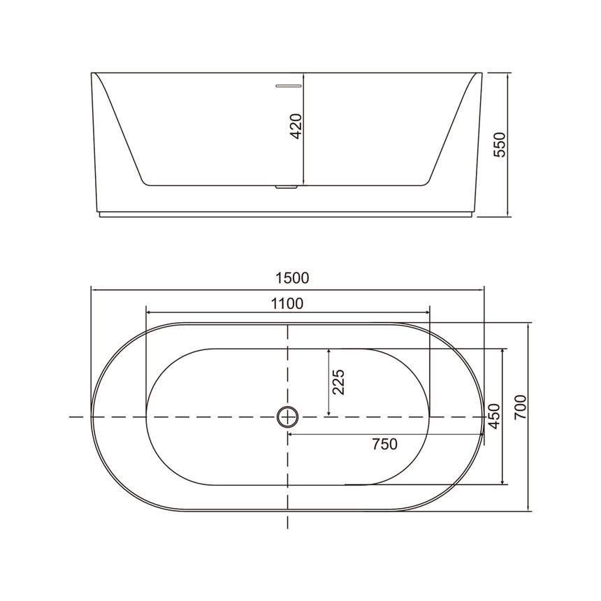 Bath technical dimensions diagram for BelBagno Berg 1500mm freestanding bathtub, 700mm height, 450mm water depth by Tilemall