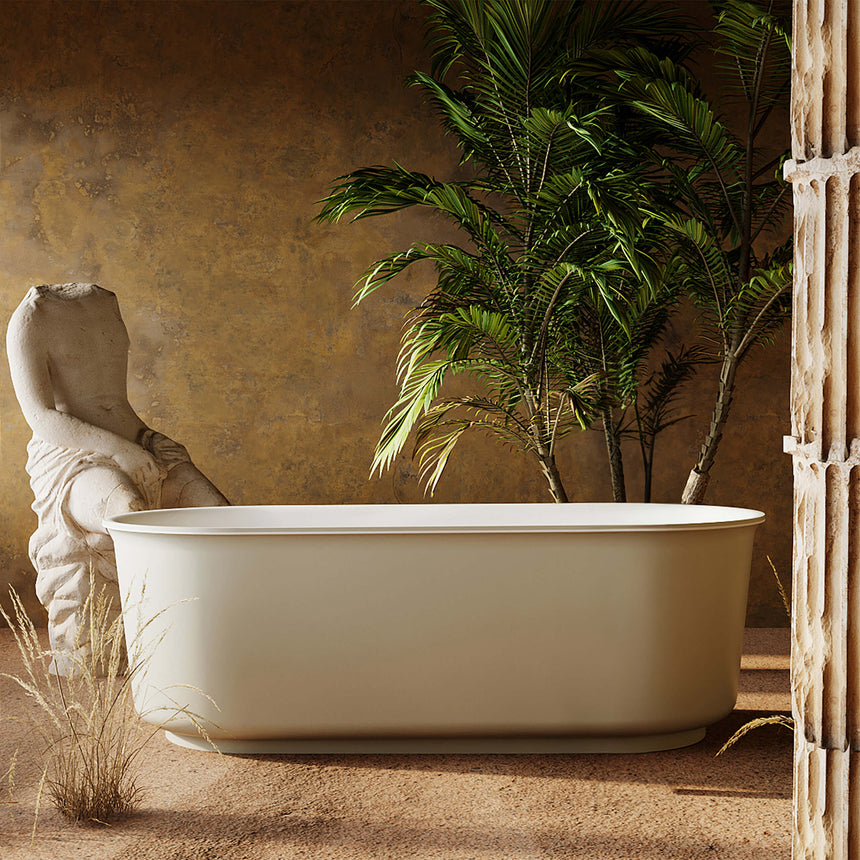 BelBagno Bath berg freestanding solid surface bathtub by Tilemall in soft sand, 1700mm, oval shape with centre overflow
