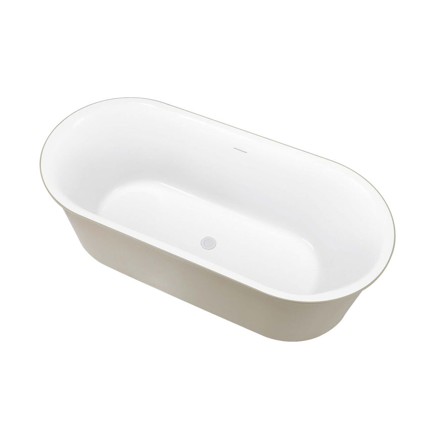 BelBagno Bath berg oval freestanding bathtub by Tilemall, angled view displaying soft sand exterior and white basin interior