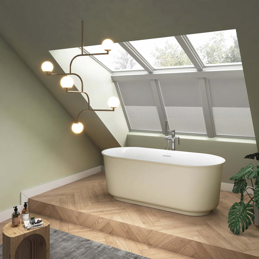 BelBagno Bath berg 1700mm freestanding bathtub by Tilemall installed in modern ensuite with skylight and floor-mounted tap