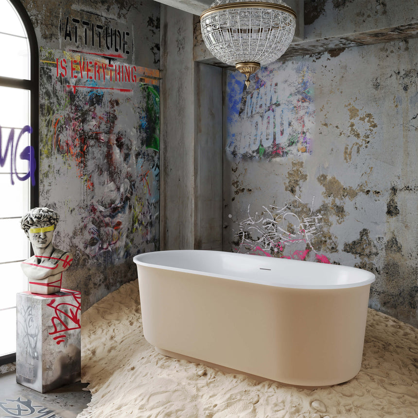 BelBagno Bath berg freestanding bathtub by Tilemall in soft sand, installed in industrial bathroom interior