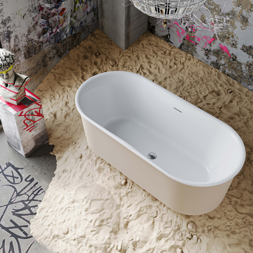 BelBagno Bath berg 1700mm oval bathtub by Tilemall in soft sand from overhead angle, showing white basin and overflow