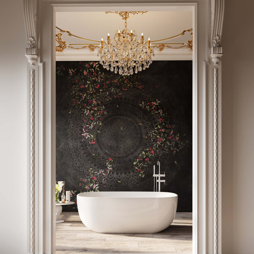 BelBagno Ally freestanding white acrylic bath by Tilemall in luxury ensuite with black wallpaper and chandelier