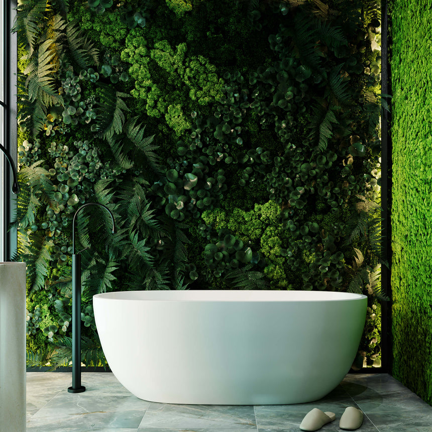 BelBagno Bath Ally gloss white freestanding acrylic bathtub by Tilemall in spa-style bathroom with living plant wall